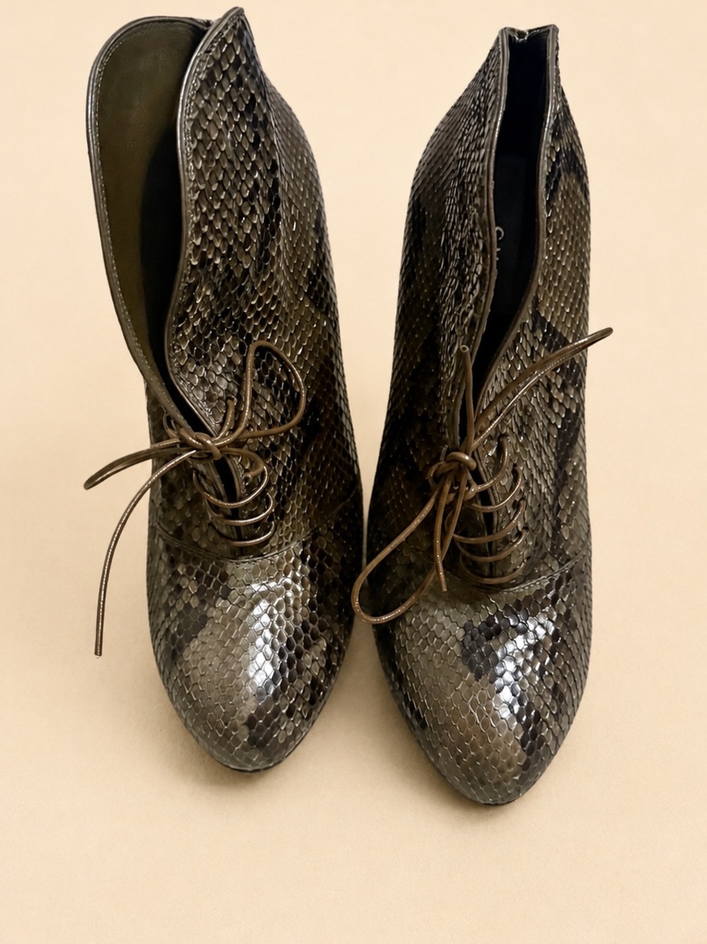 Gucci Metallic Snakeskin Lace-Up Ankle Boots in Dark Olive